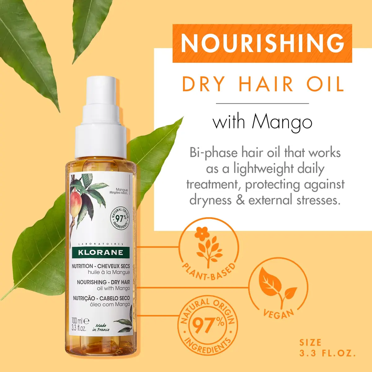 Klorane Nourishing Dry Hair Oil with Mango 3.3 Fl Oz | Hydrating & Protecting Vegan Spray - view 2