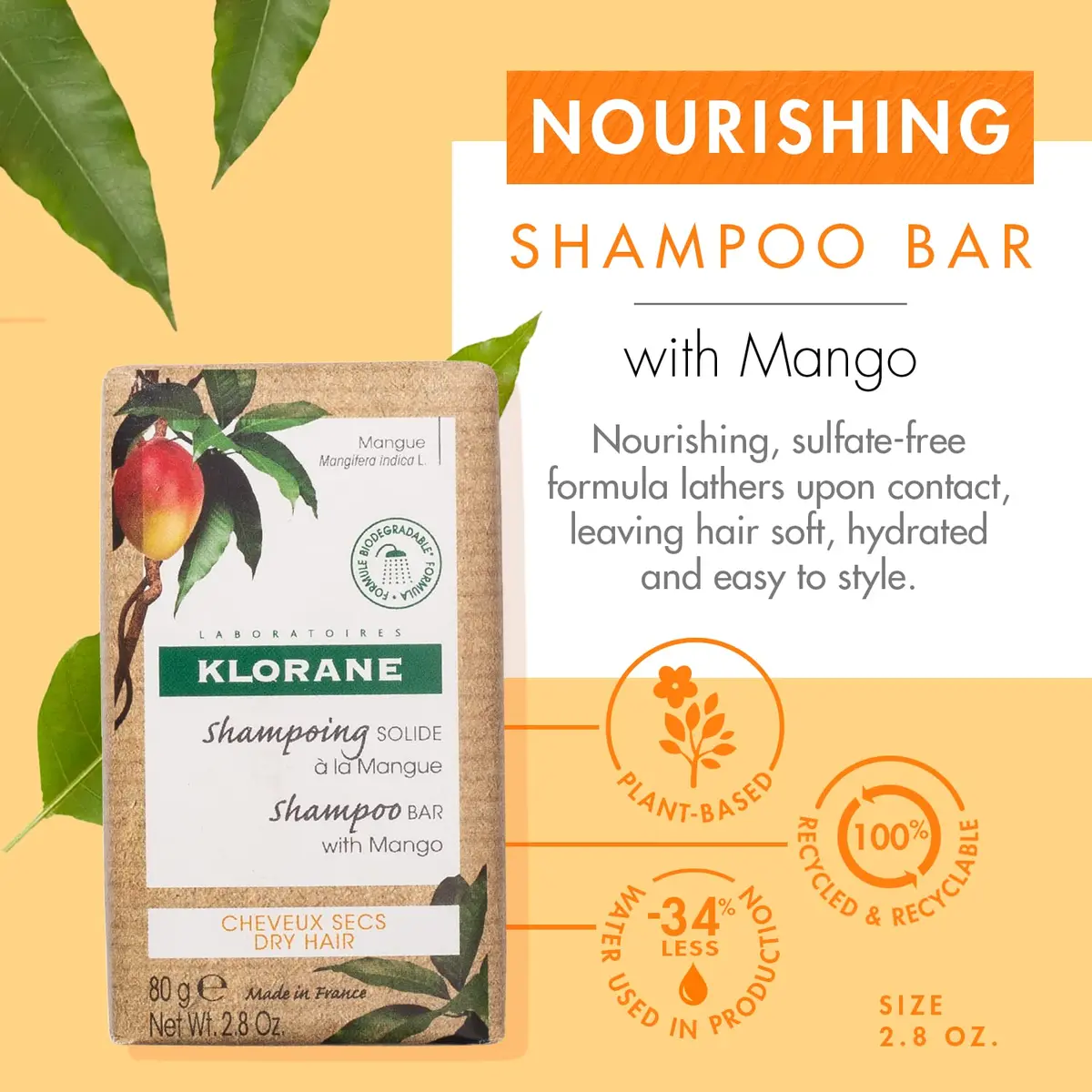 Klorane Nourishing Shampoo Bar with Mango 2.8 Oz | Deeply Nourishes & Hydrates Dry Hair - view 2