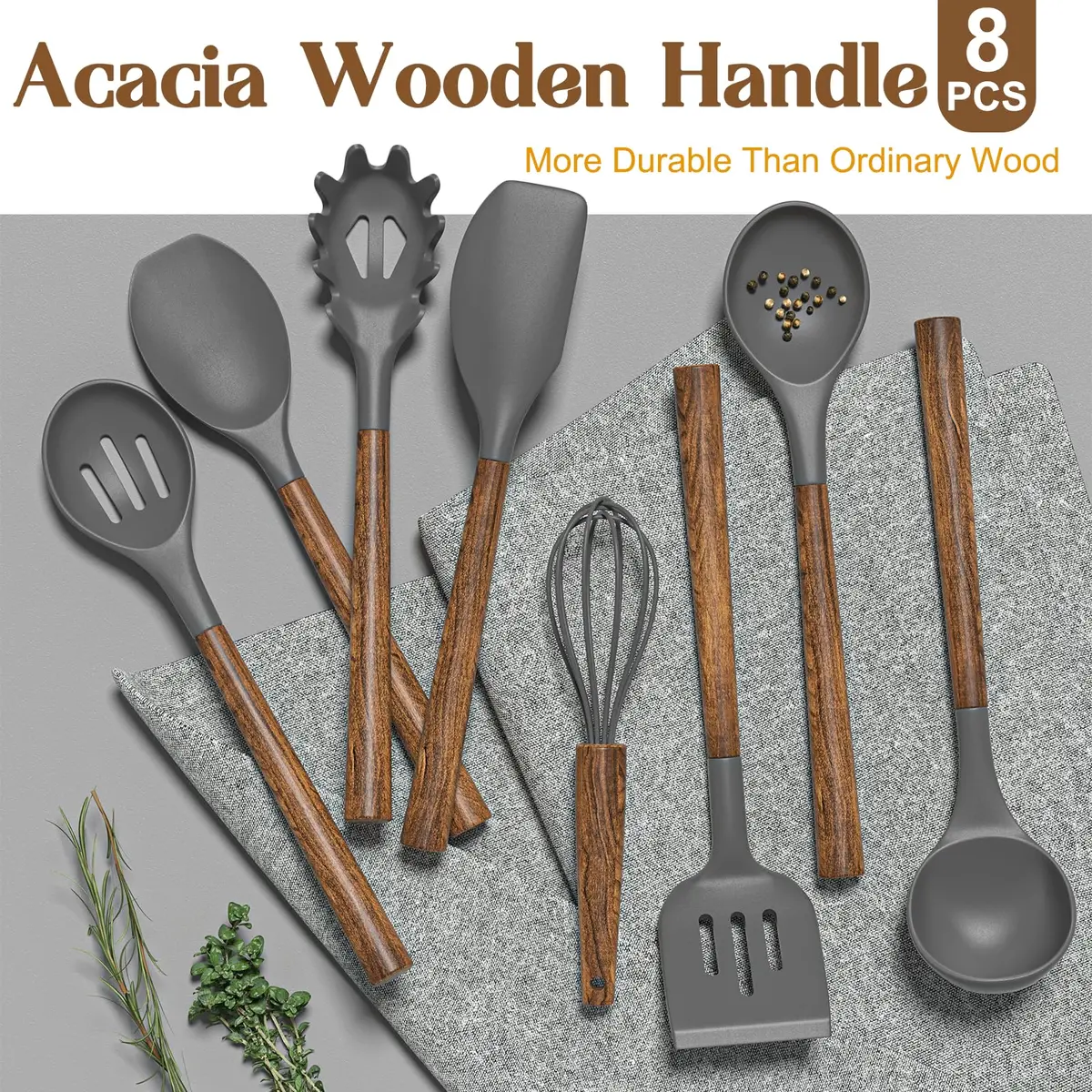 Umite Chef Silicone Cooking Utensil Set with Acacia Wooden Handles, 8-Piece Set | Heat Resistant Spatula & Kitchen Gadgets - view 5