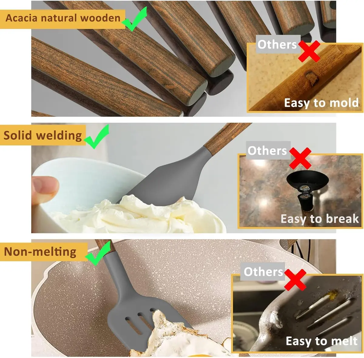 Umite Chef Silicone Cooking Utensil Set with Acacia Wooden Handles, 8-Piece Set | Heat Resistant Spatula & Kitchen Gadgets - view 6