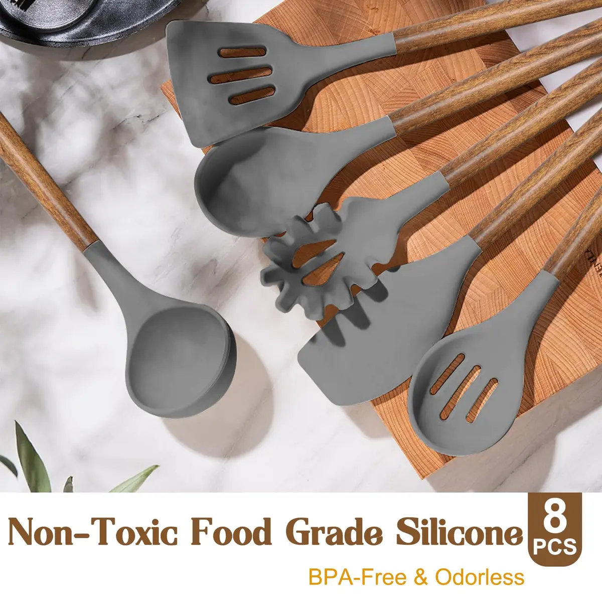 Umite Chef Silicone Cooking Utensil Set with Acacia Wooden Handles, 8-Piece Set | Heat Resistant Spatula & Kitchen Gadgets - view 2