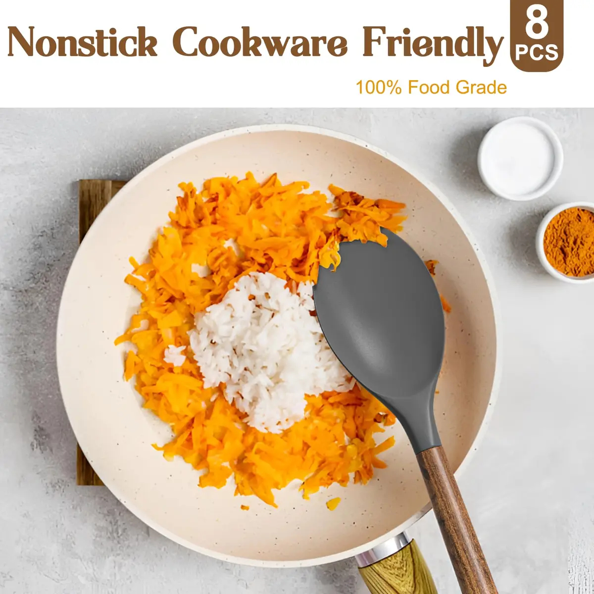 Umite Chef Silicone Cooking Utensil Set with Acacia Wooden Handles, 8-Piece Set | Heat Resistant Spatula & Kitchen Gadgets - view 4