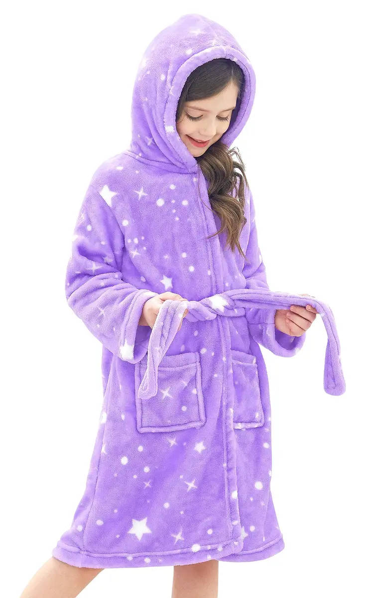 Doctor Unicorn Rainbow Bathrobe for Girls 6-7 Years | Soft Hooded Sleepwear in Purple White Star Dots - main product image