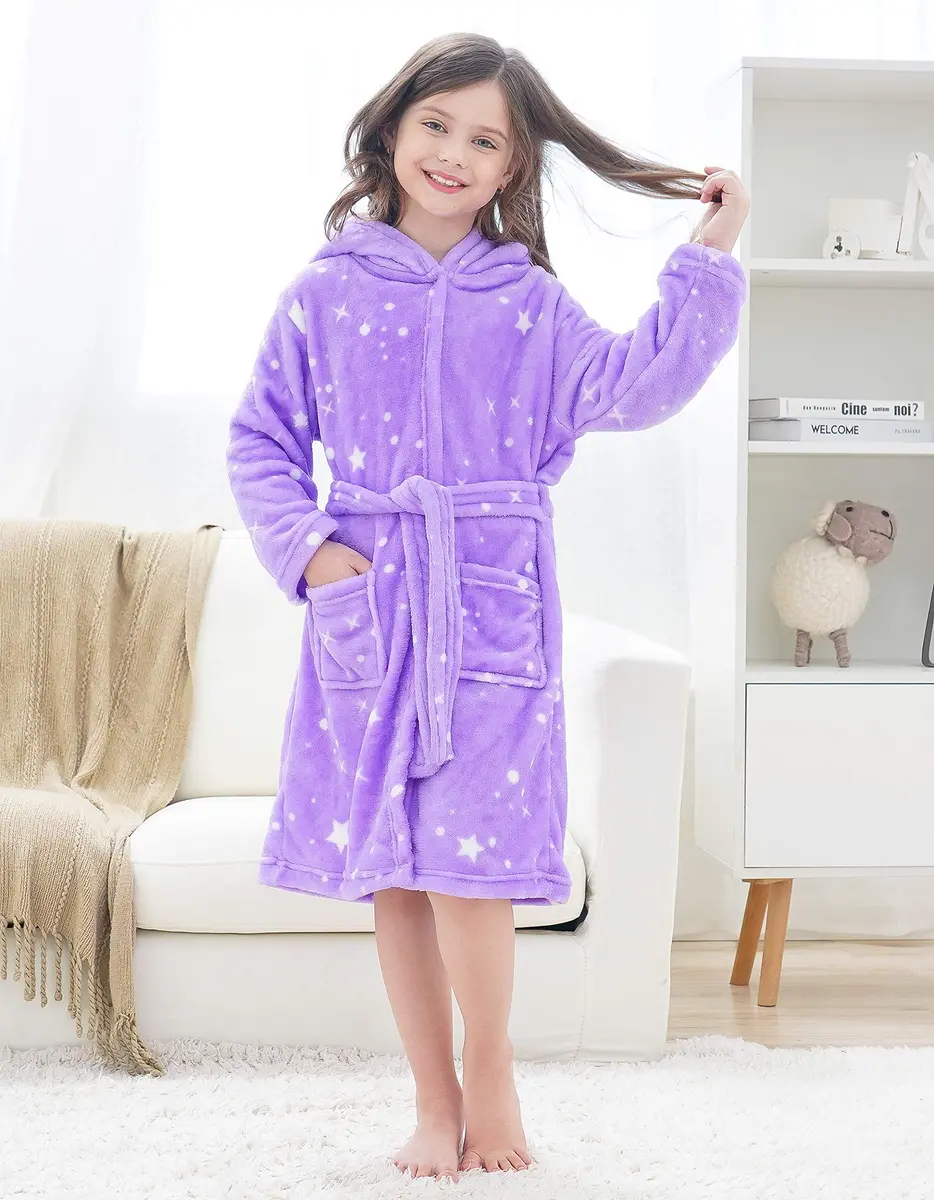 Doctor Unicorn Rainbow Bathrobe for Girls 6-7 Years | Soft Hooded Sleepwear in Purple White Star Dots - view 2