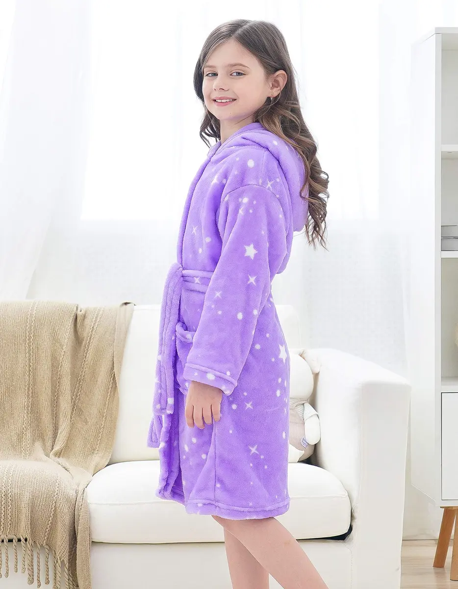 Doctor Unicorn Rainbow Bathrobe for Girls 6-7 Years | Soft Hooded Sleepwear in Purple White Star Dots - view 3