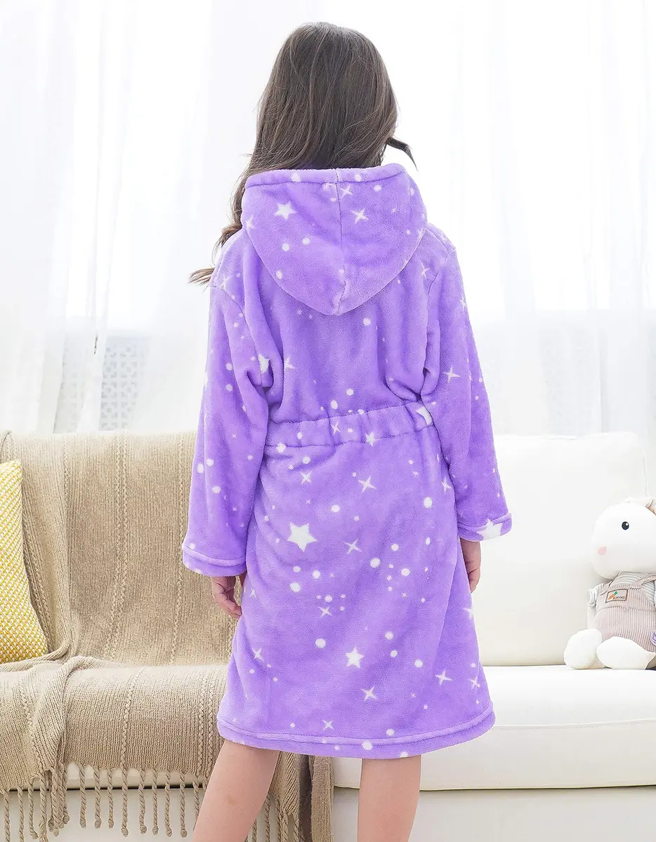 Doctor Unicorn Rainbow Bathrobe for Girls 6-7 Years | Soft Hooded Sleepwear in Purple White Star Dots - view 4