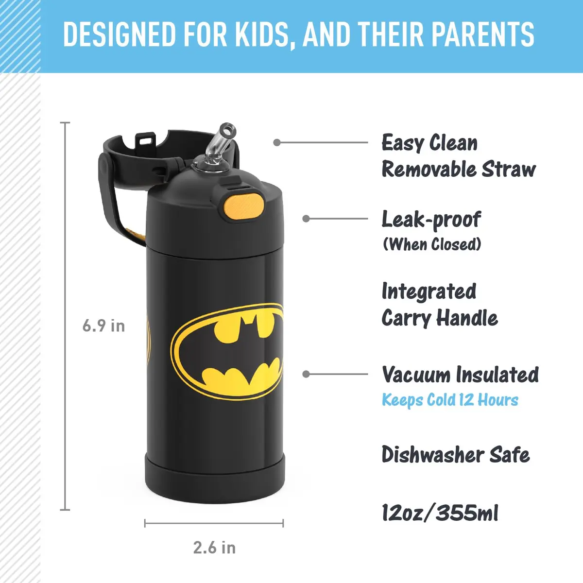 THERMOS FUNTAINER Batman Water Bottle with Straw, 355ml (12oz) | Keeps Drinks Cold for 12 Hours - view 2