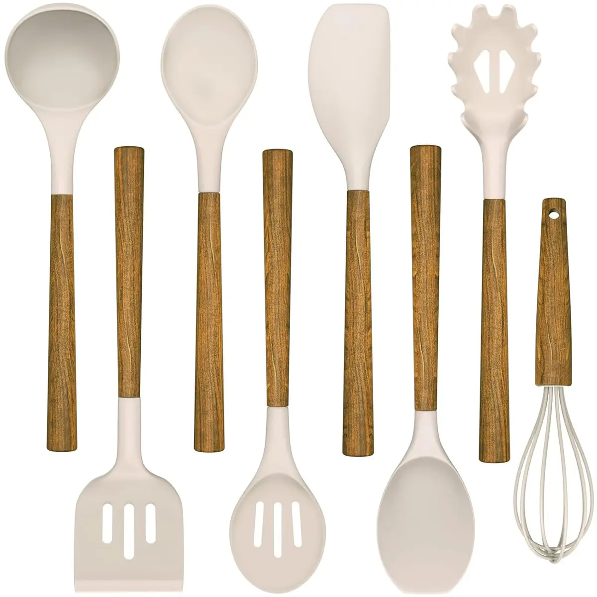 Umite Chef Silicone Cooking Utensil Set with Acacia Wooden Handles, 8-Piece Kitchen Gadgets for Nonstick Cookware - Khaki | Heat Resistant up to 446°F - main product image