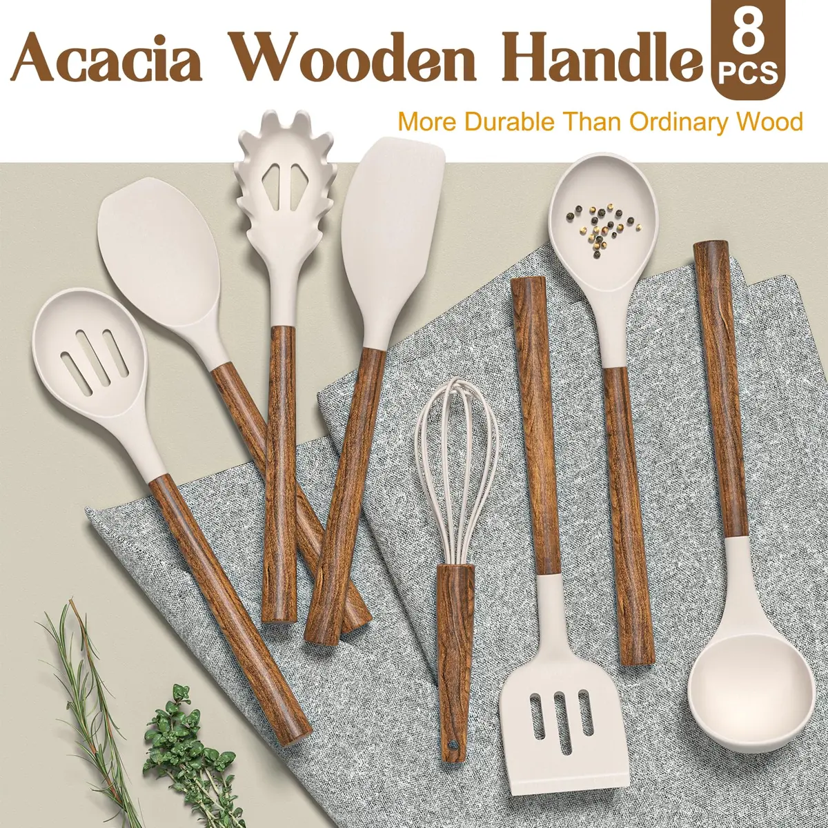 Umite Chef Silicone Cooking Utensil Set with Acacia Wooden Handles, 8-Piece Kitchen Gadgets for Nonstick Cookware - Khaki | Heat Resistant up to 446°F - view 5
