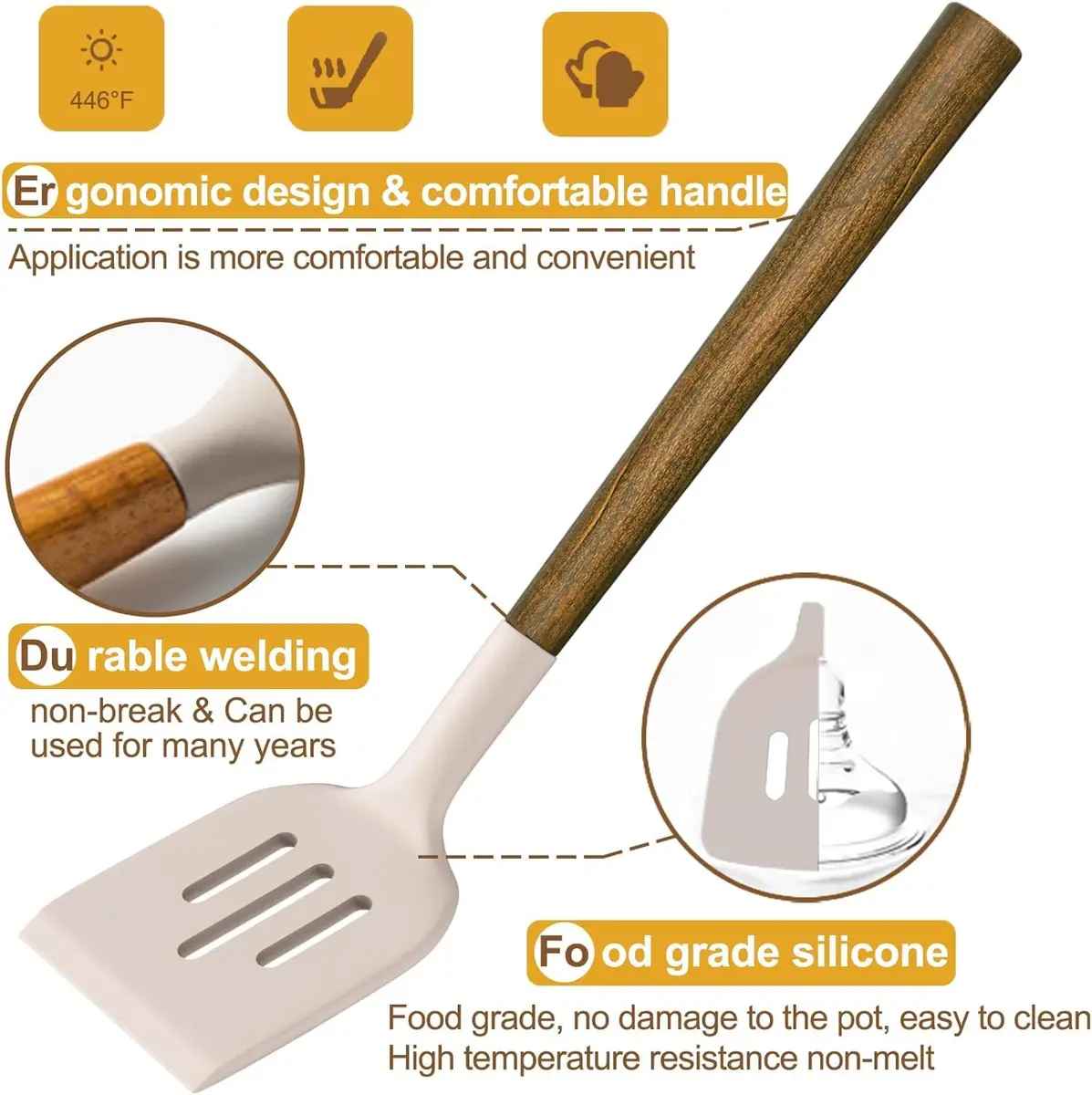 Umite Chef Silicone Cooking Utensil Set with Acacia Wooden Handles, 8-Piece Kitchen Gadgets for Nonstick Cookware - Khaki | Heat Resistant up to 446°F - view 6