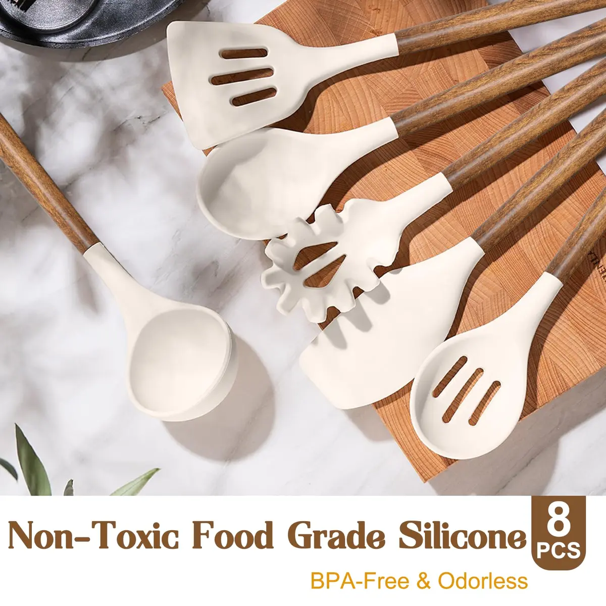 Umite Chef Silicone Cooking Utensil Set with Acacia Wooden Handles, 8-Piece Kitchen Gadgets for Nonstick Cookware - Khaki | Heat Resistant up to 446°F - view 2