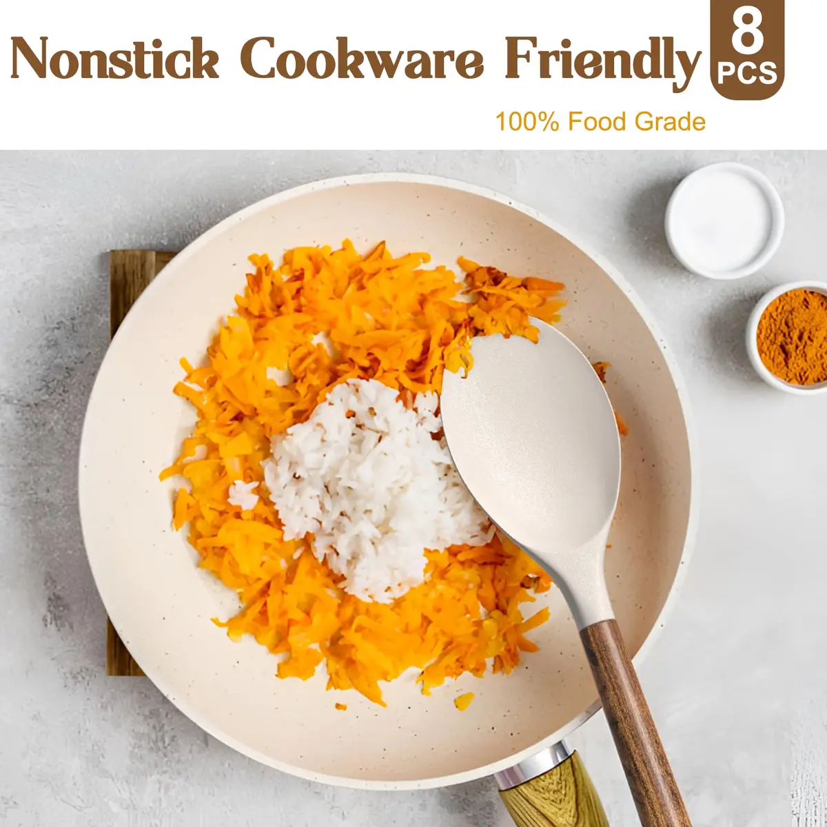 Umite Chef Silicone Cooking Utensil Set with Acacia Wooden Handles, 8-Piece Kitchen Gadgets for Nonstick Cookware - Khaki | Heat Resistant up to 446°F - view 4
