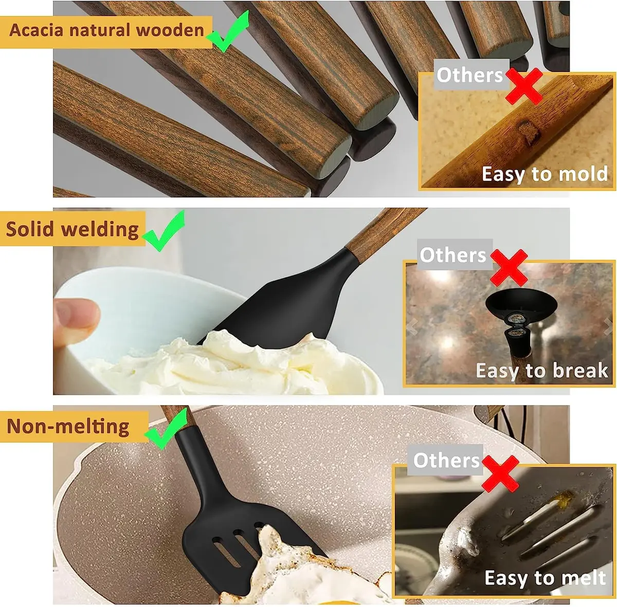Umite Chef 8-Piece Silicone Cooking Utensil Set with Acacia Wooden Handles | Heat Resistant Spatula & Ladle Set - view 6