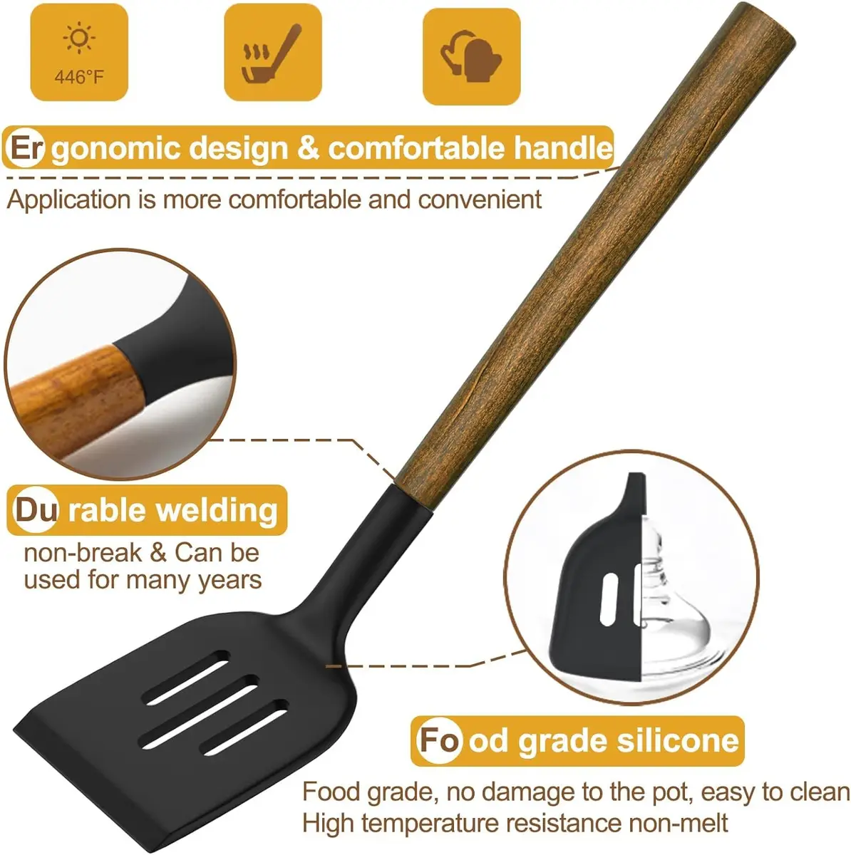 Umite Chef 8-Piece Silicone Cooking Utensil Set with Acacia Wooden Handles | Heat Resistant Spatula & Ladle Set - view 7