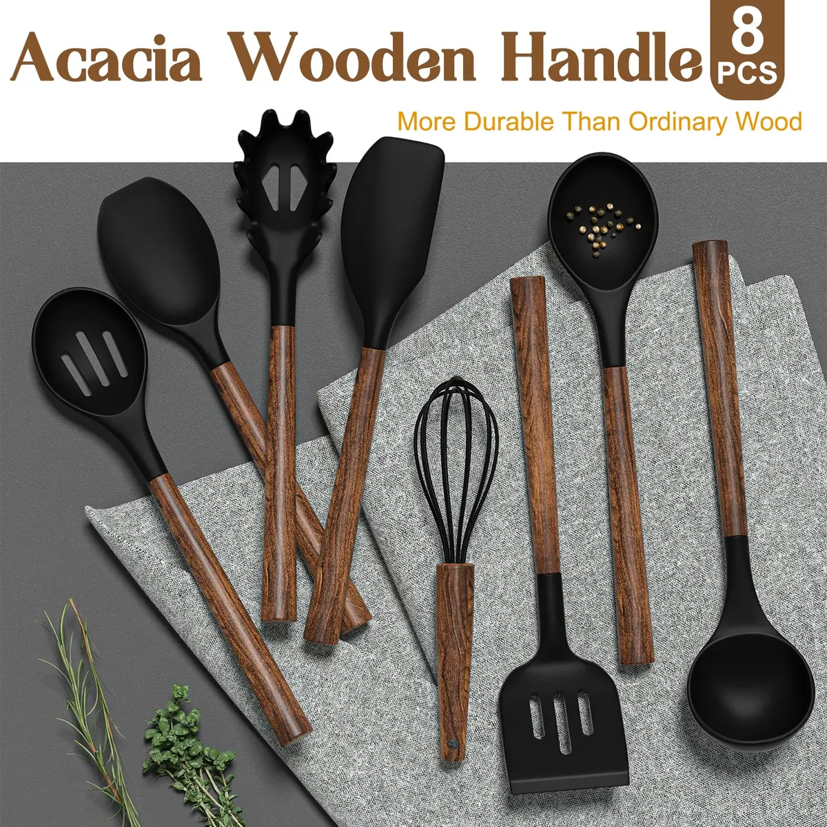 Umite Chef 8-Piece Silicone Cooking Utensil Set with Acacia Wooden Handles | Heat Resistant Spatula & Ladle Set - view 2