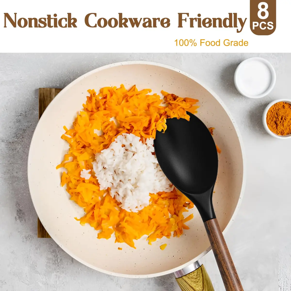Umite Chef 8-Piece Silicone Cooking Utensil Set with Acacia Wooden Handles | Heat Resistant Spatula & Ladle Set - view 3