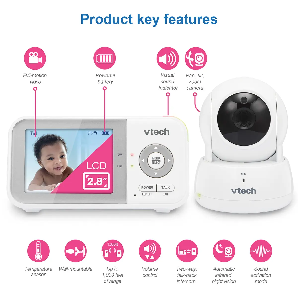 VTech VM923 Baby Monitor with Pan-Tilt-Zoom Camera | Secure FHSS Transmission, 19-Hour Battery, 2.8" Screen, 1000ft Range, Temp Sensor, 2-Way Talk - view 2