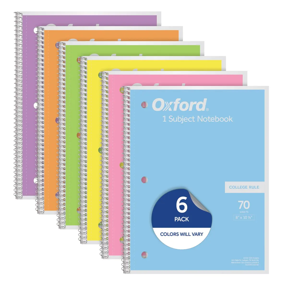 Oxford Pastel Pink Spiral Notebook, 1 Subject, College Ruled, 8 x 10-1/2 Inch, 70 Sheets, Set of 6 - main product image
