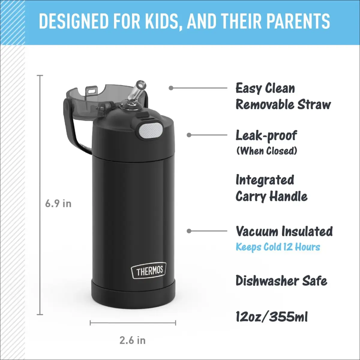THERMOS FUNTAINER Water Bottle with Straw, 12oz (355ml) Black | Keeps Drinks Cold for 12 Hours - view 2