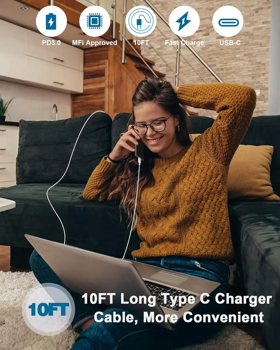 Nuinno 20W Fast Charger for iPhone 17/16/15 & iPad, 2 Pack, 10FT Cables | Ultra-Fast Charging with Safety - view 6