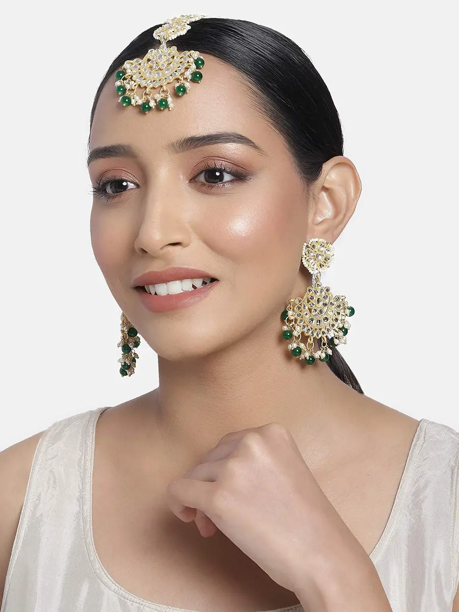 I Jewels Gold Plated Kundan & Faux Pearl Chandbali Earrings with Maang Tikka Set | Matte Finish, Traditional Indian Wedding Jewelry - main product image
