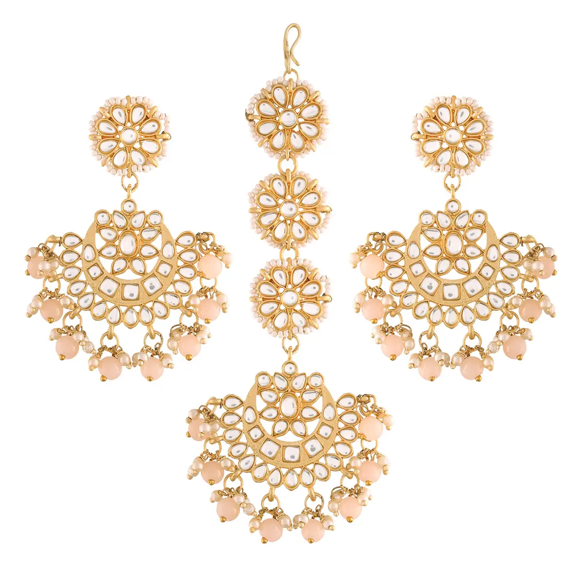 I Jewels Gold Plated Kundan & Faux Pearl Chandbali Earrings with Maang Tikka Set (14.3cm Maang Tikka, 7cm Earrings) | Traditional Indian Wedding Jewelry - main product image