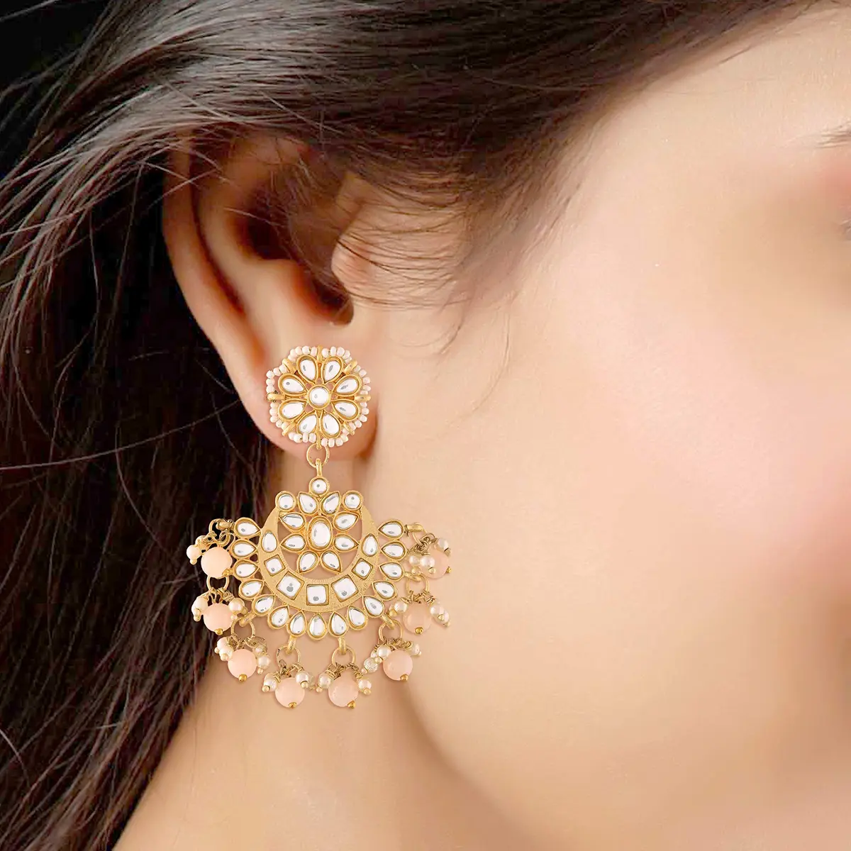 I Jewels Gold Plated Kundan & Faux Pearl Chandbali Earrings with Maang Tikka Set (14.3cm Maang Tikka, 7cm Earrings) | Traditional Indian Wedding Jewelry - view 5