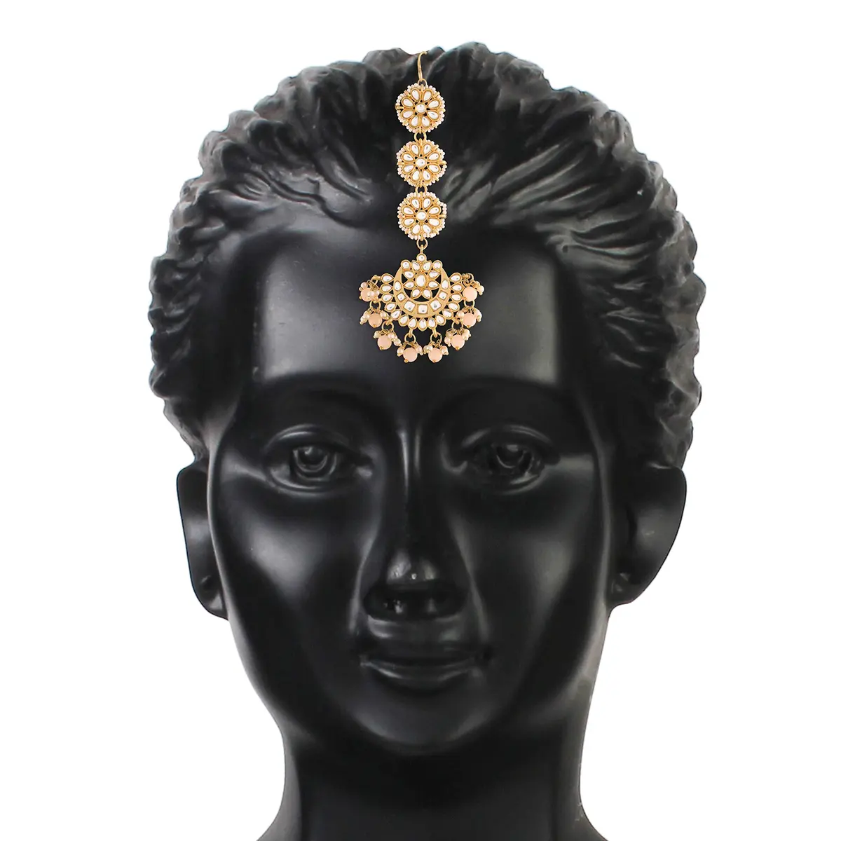 I Jewels Gold Plated Kundan & Faux Pearl Chandbali Earrings with Maang Tikka Set (14.3cm Maang Tikka, 7cm Earrings) | Traditional Indian Wedding Jewelry - view 6