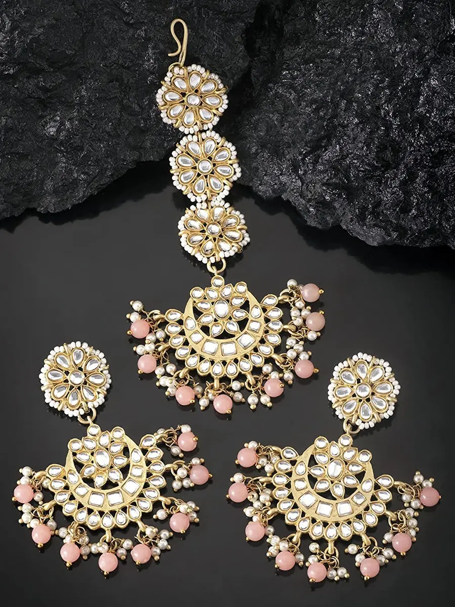 I Jewels Gold Plated Kundan & Faux Pearl Chandbali Earrings with Maang Tikka Set (14.3cm Maang Tikka, 7cm Earrings) | Traditional Indian Wedding Jewelry - view 2