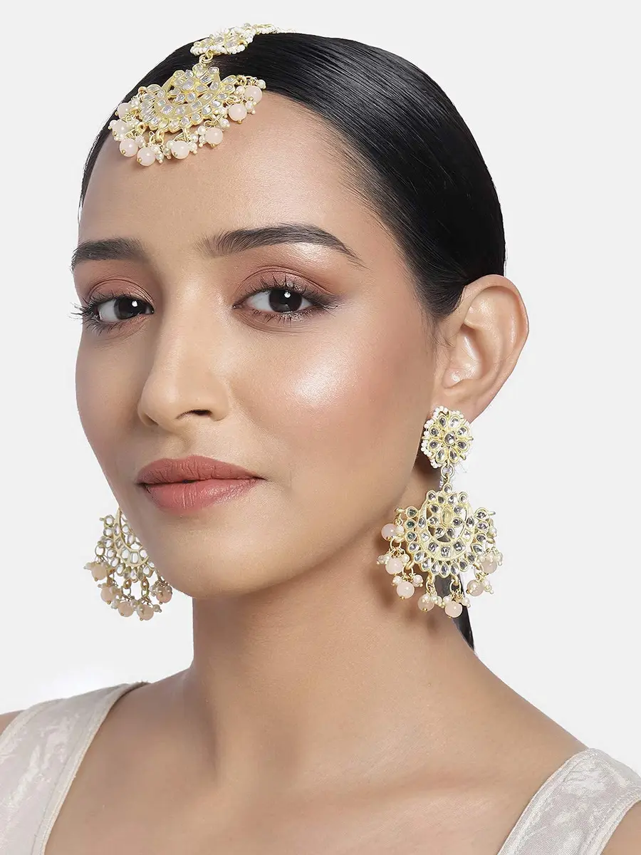 I Jewels Gold Plated Kundan & Faux Pearl Chandbali Earrings with Maang Tikka Set (14.3cm Maang Tikka, 7cm Earrings) | Traditional Indian Wedding Jewelry - view 3