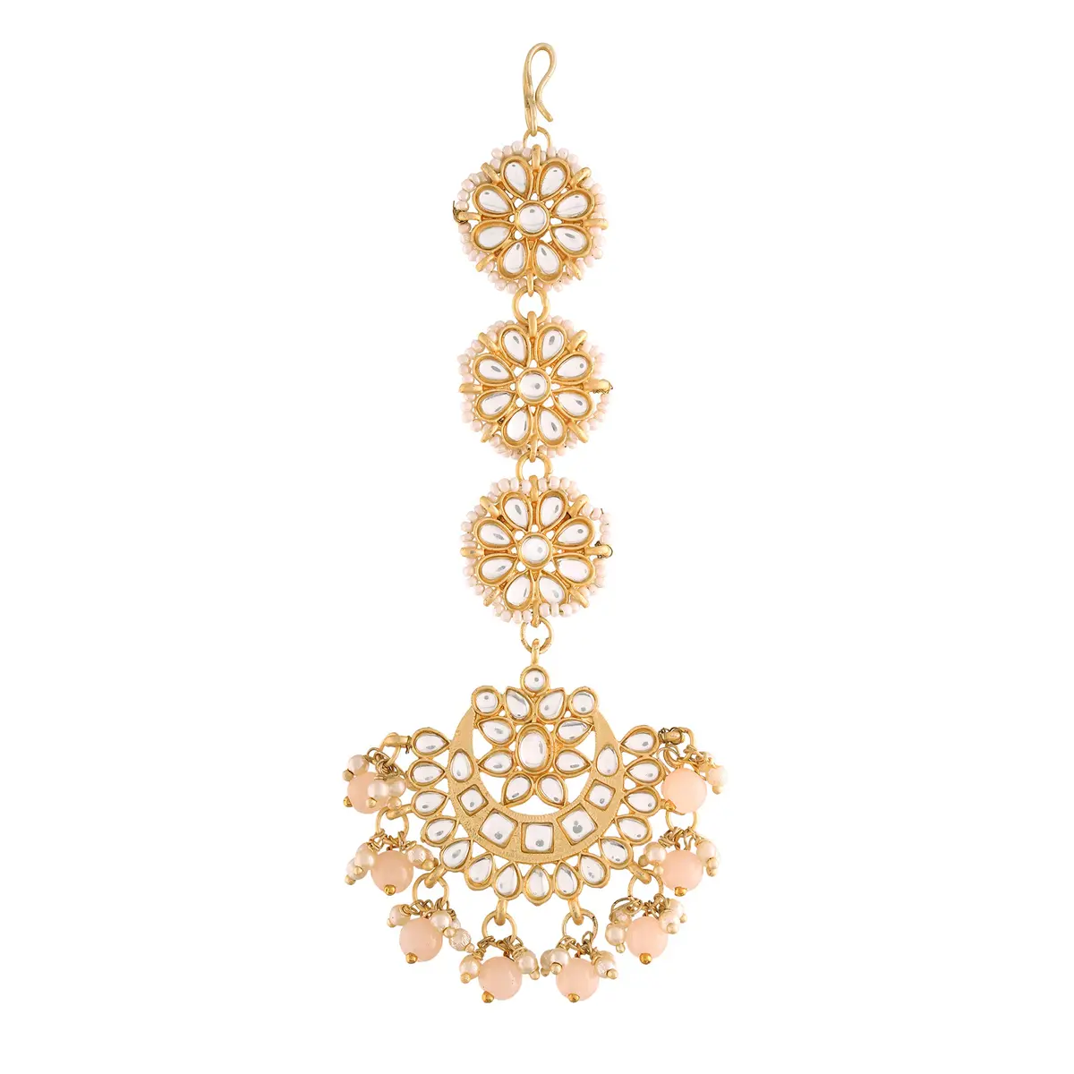 I Jewels Gold Plated Kundan & Faux Pearl Chandbali Earrings with Maang Tikka Set (14.3cm Maang Tikka, 7cm Earrings) | Traditional Indian Wedding Jewelry - view 4