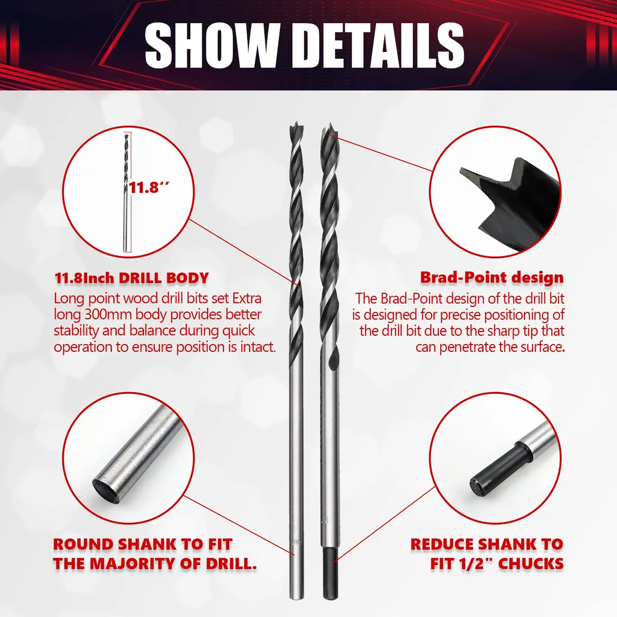wesleydrill Extra Long Brad Point Drill Bit Set 12 inch (300mm) Carbon Steel | Woodworking Precision - view 4