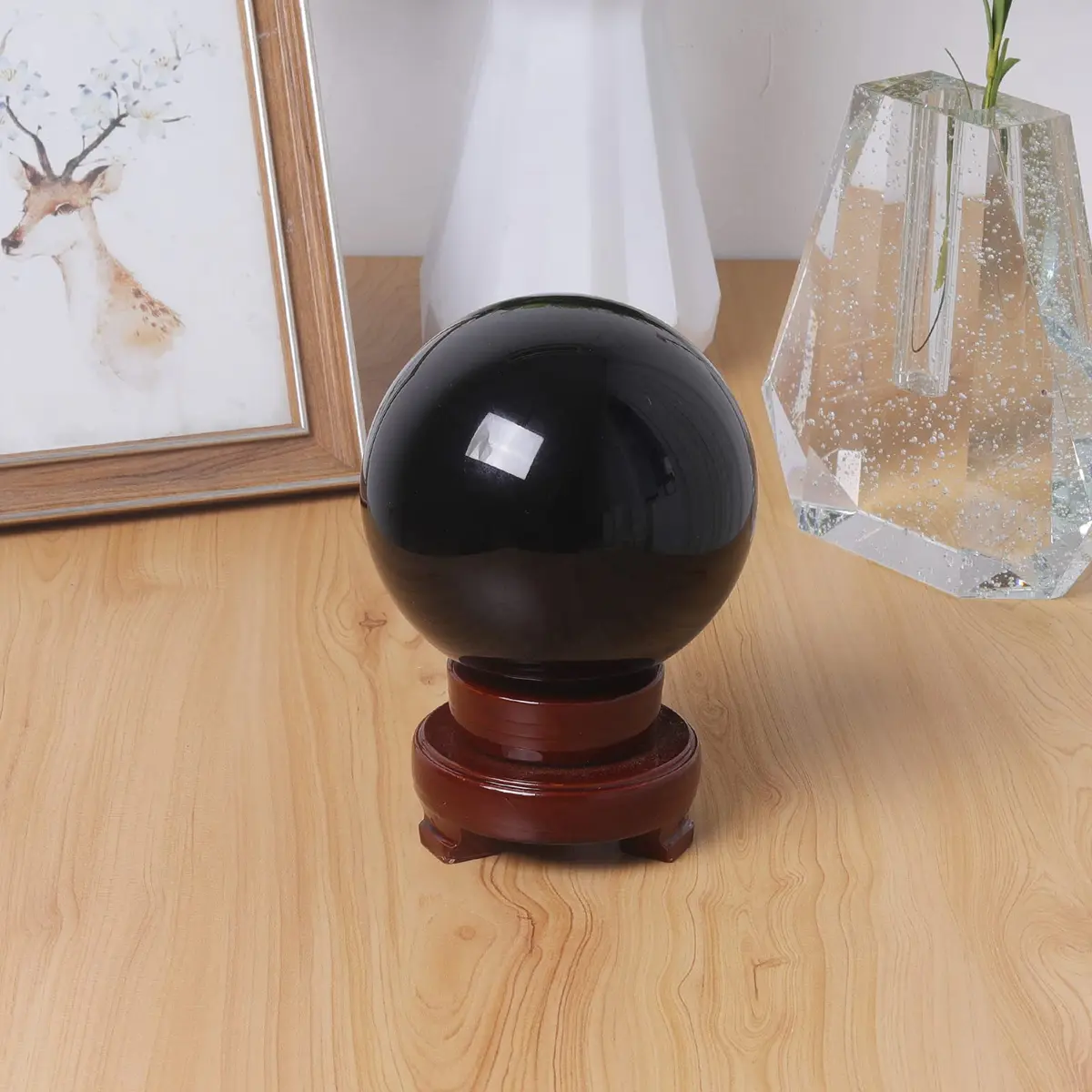 LONGWIN 120mm (4.7 in) Divination Black Crystal Ball Fengshui Sphere Home Decorations Meditation Ornaments with Rotating Wooden Stand | Fengshui & Meditation Decor - view 2
