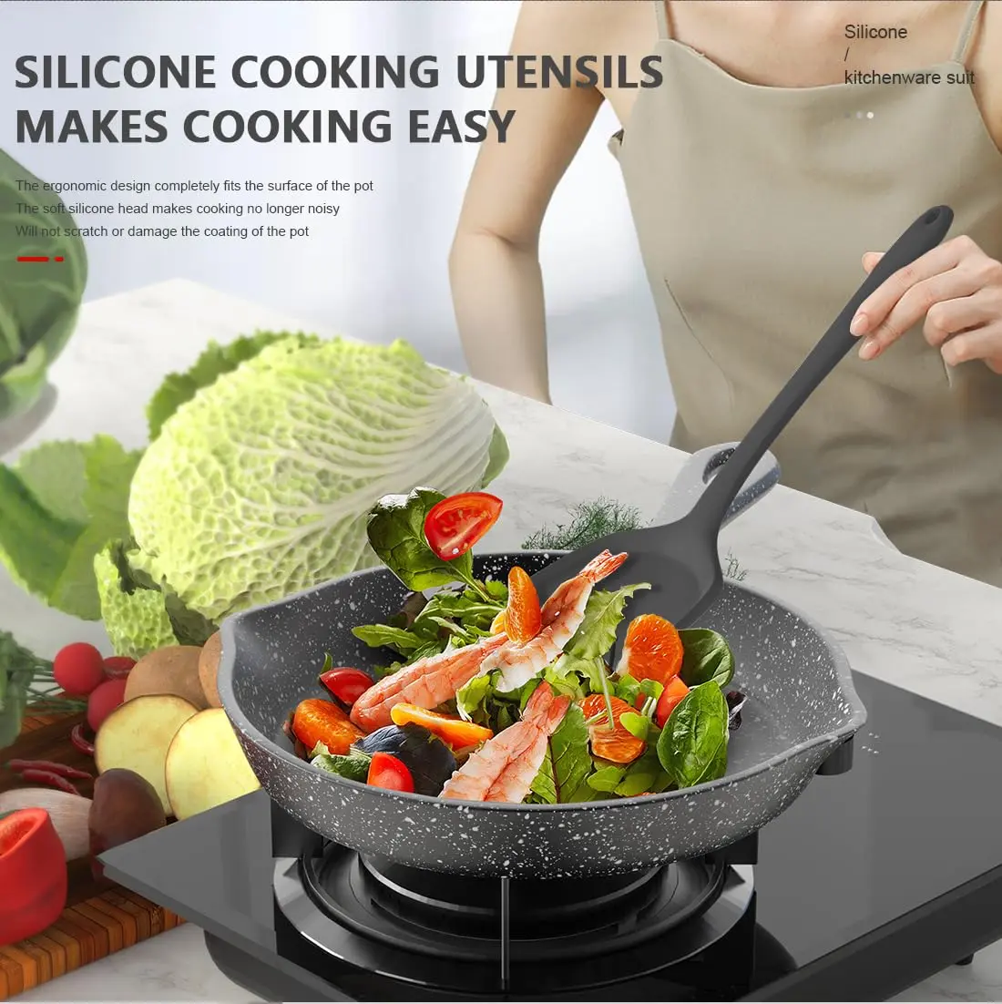 AOTHOD Silicone Cooking Utensils Set - 446°F Heat Resistant Kitchen Gadgets for Nonstick Cookware (Large, Gray) - view 7