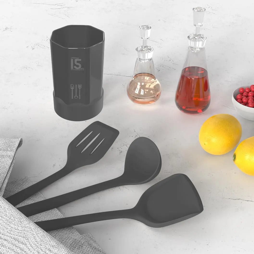 AOTHOD Silicone Cooking Utensils Set - 446°F Heat Resistant Kitchen Gadgets for Nonstick Cookware (Large, Gray) - view 8