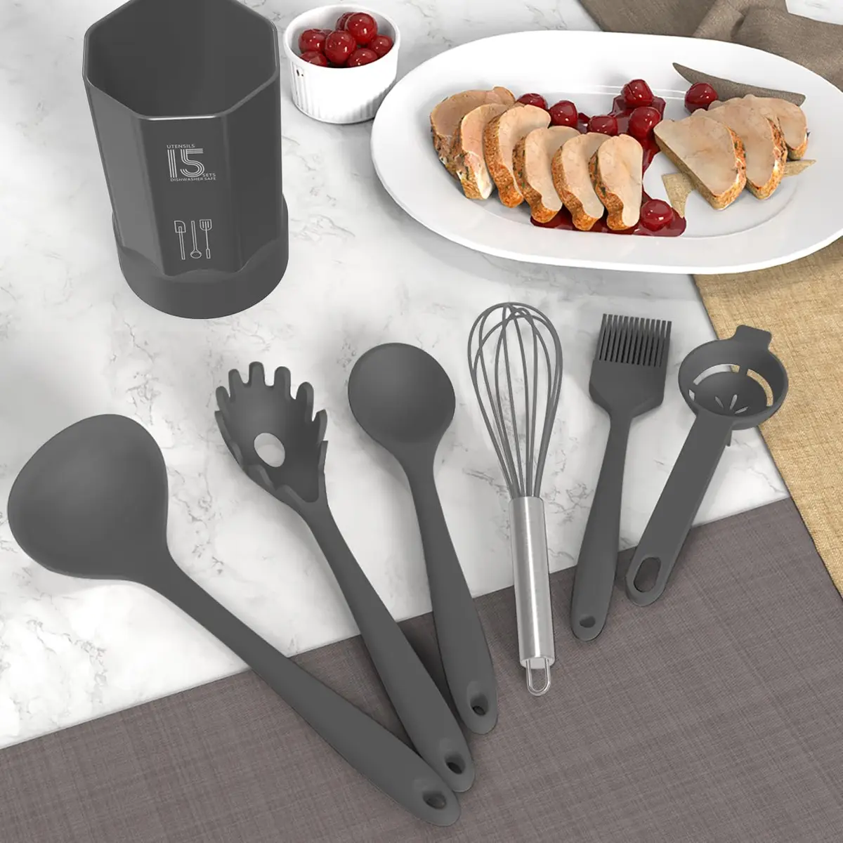 AOTHOD Silicone Cooking Utensils Set - 446°F Heat Resistant Kitchen Gadgets for Nonstick Cookware (Large, Gray) - view 10