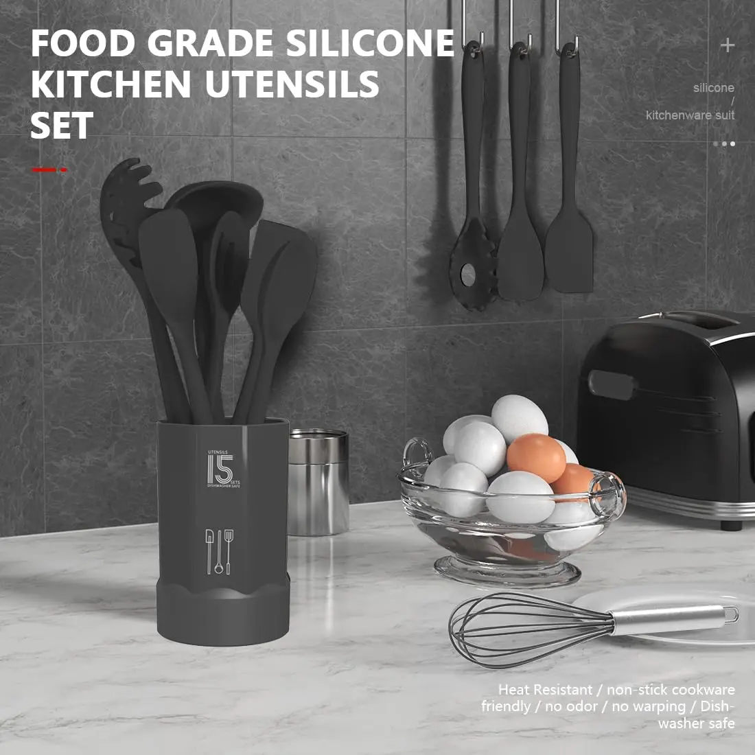 AOTHOD Silicone Cooking Utensils Set - 446°F Heat Resistant Kitchen Gadgets for Nonstick Cookware (Large, Gray) - view 2