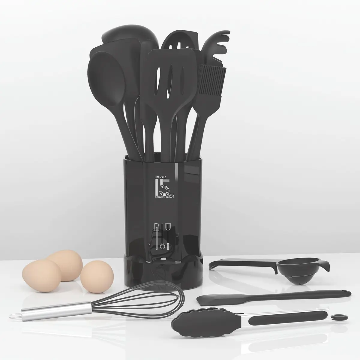 AOTHOD Silicone Cooking Utensils Set - 446°F Heat Resistant Kitchen Gadgets for Nonstick Cookware (Large, Gray) - view 3