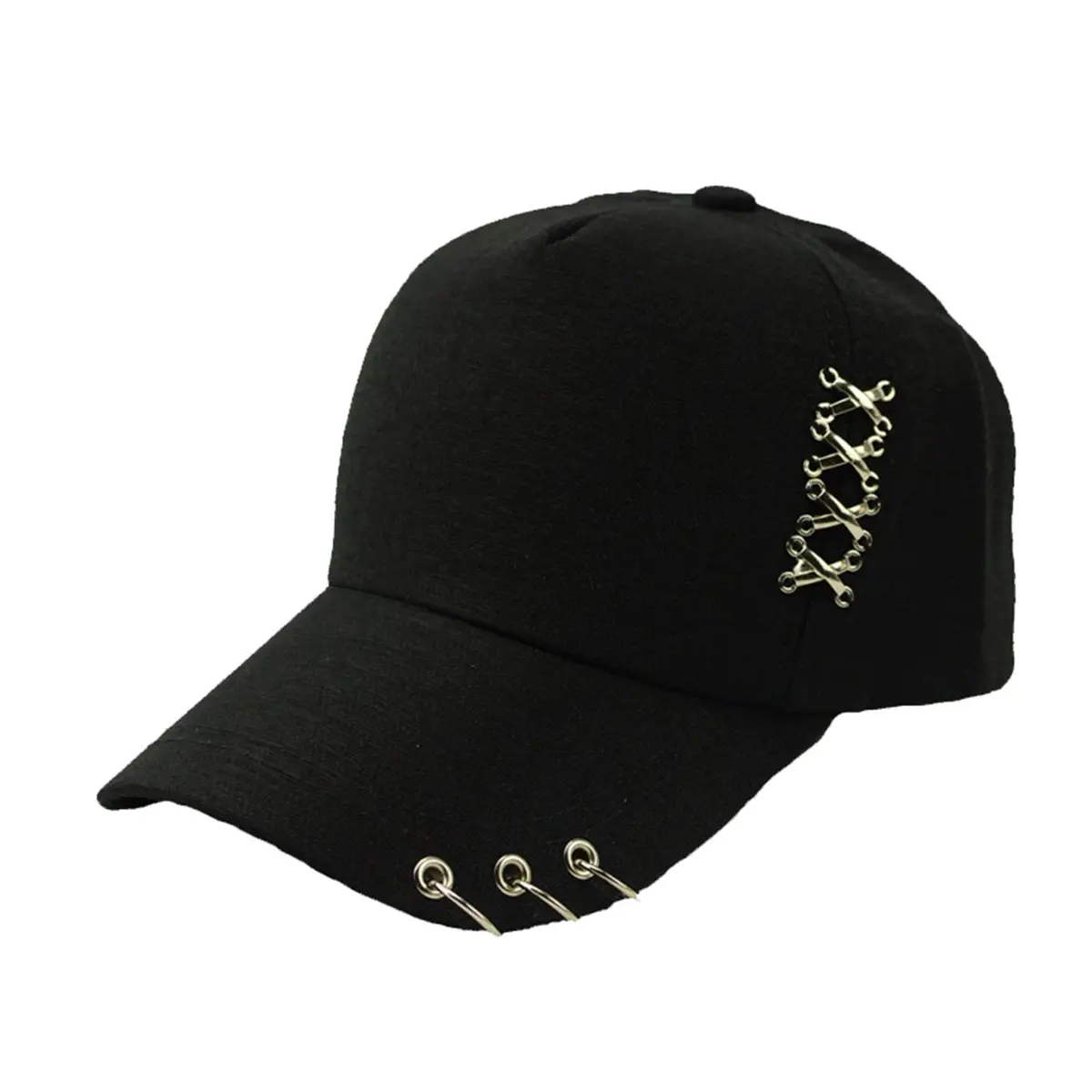 OVOY Kpop Ring Baseball Cap with Iron Rings, Black, 22.8 inch (58 cm) Circumference | Adjustable Snapback for Streetwear - main product image