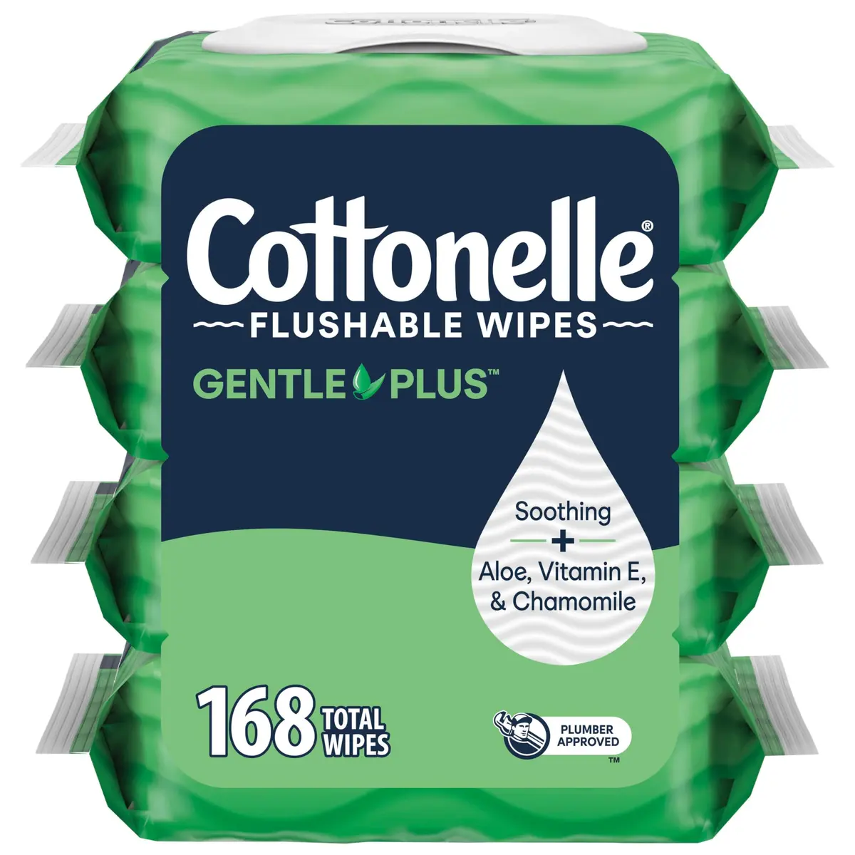 Cottonelle GentlePlus Flushable Wet Wipes with Aloe & Vitamin E | 4 Flip-Top Packs, 42 Wipes Each (168 Total) | Septic-Safe, Hypoallergenic, Aloe & Vitamin E - main product image