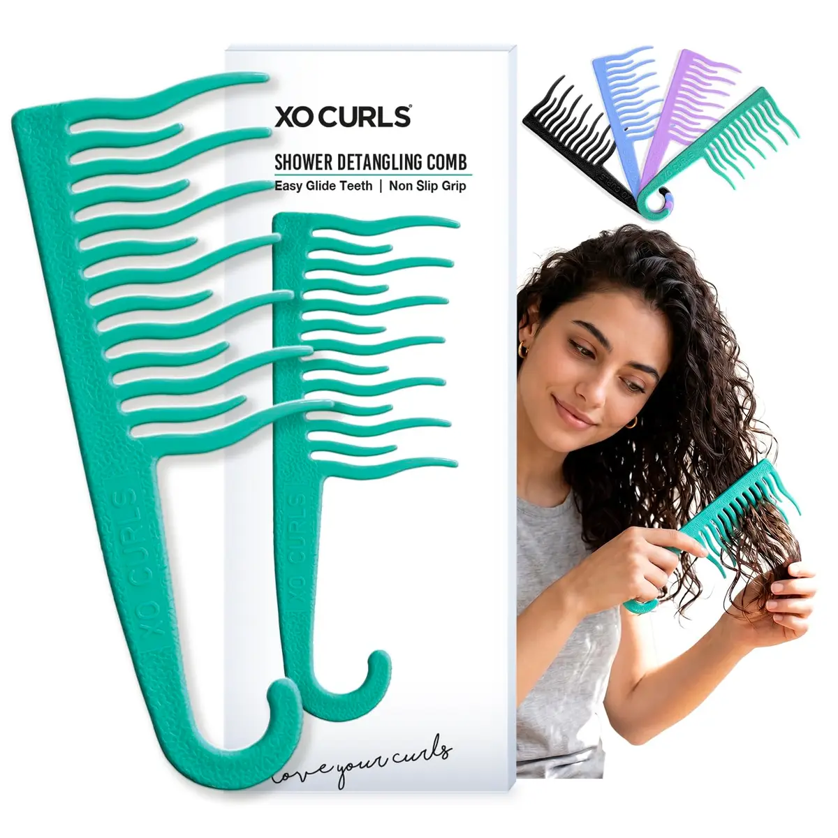 XO Curls Shower Detangling Comb - wide tooth comb with hook for easy hanging in shower, removes knots and tangles gently - main product image