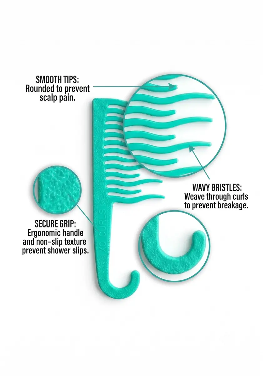 XO Curls Shower Detangling Comb - wide tooth comb with hook for easy hanging in shower, removes knots and tangles gently - view 2
