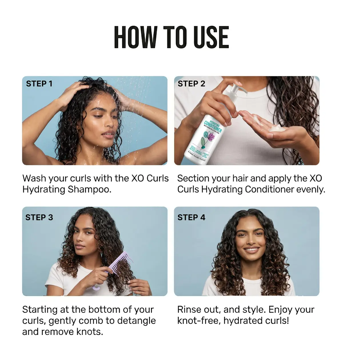 XO Curls Shower Detangling Comb - wide tooth comb with hook for easy hanging in shower, removes knots and tangles gently - view 3