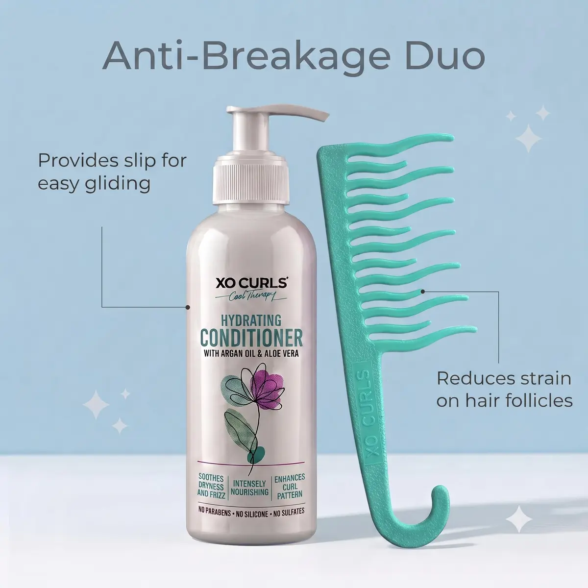 XO Curls Shower Detangling Comb - wide tooth comb with hook for easy hanging in shower, removes knots and tangles gently - view 4