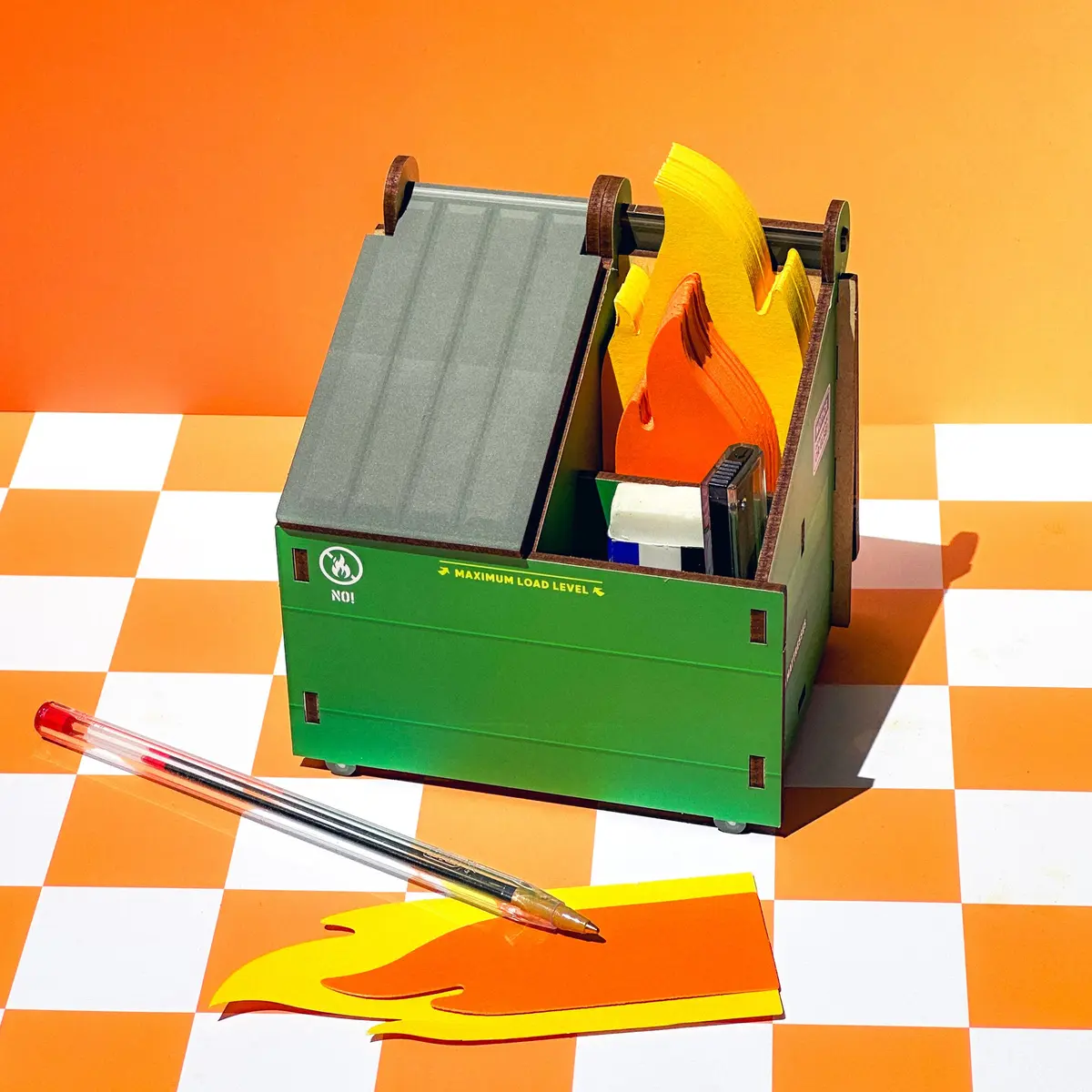 Fred & Friends Desk Dumpster Pencil Holder with Flame Note Cards | Unique Cube Organizer for Workspace - view 5