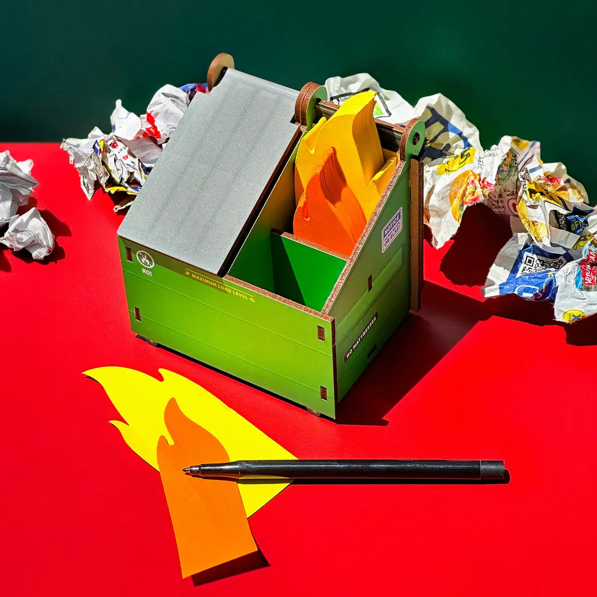Fred & Friends Desk Dumpster Pencil Holder with Flame Note Cards | Unique Cube Organizer for Workspace - view 6