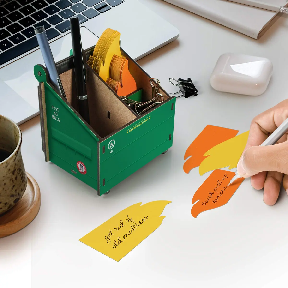 Fred & Friends Desk Dumpster Pencil Holder with Flame Note Cards | Unique Cube Organizer for Workspace - view 2