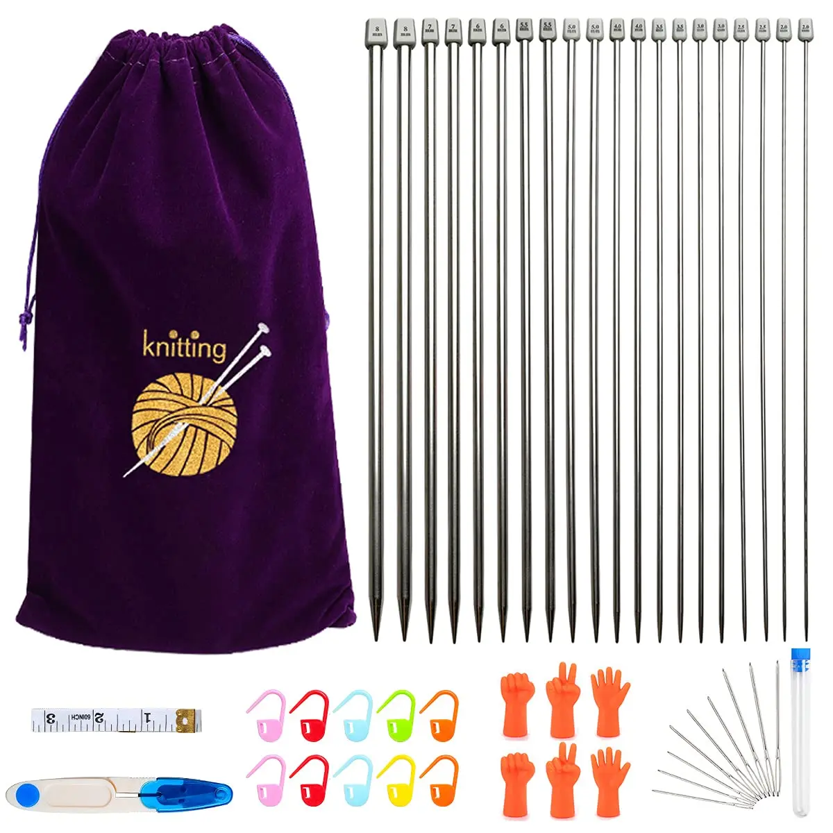 KOKNIT Knitting Needle Set 11 Pairs Stainless Steel 10'' | Full Size, Lightweight & Durable - main product image