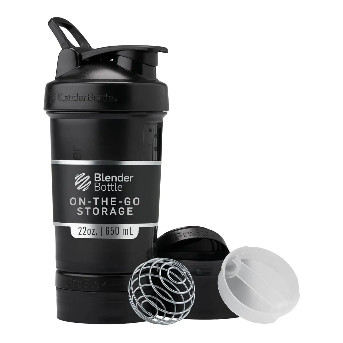 BlenderBottle ProStak Shaker Bottle with Pill Organizer & Storage Jars 650ml (22 oz) Midnight Black | Leak-Proof Protein Shaker for Gym & Athletes - main product image