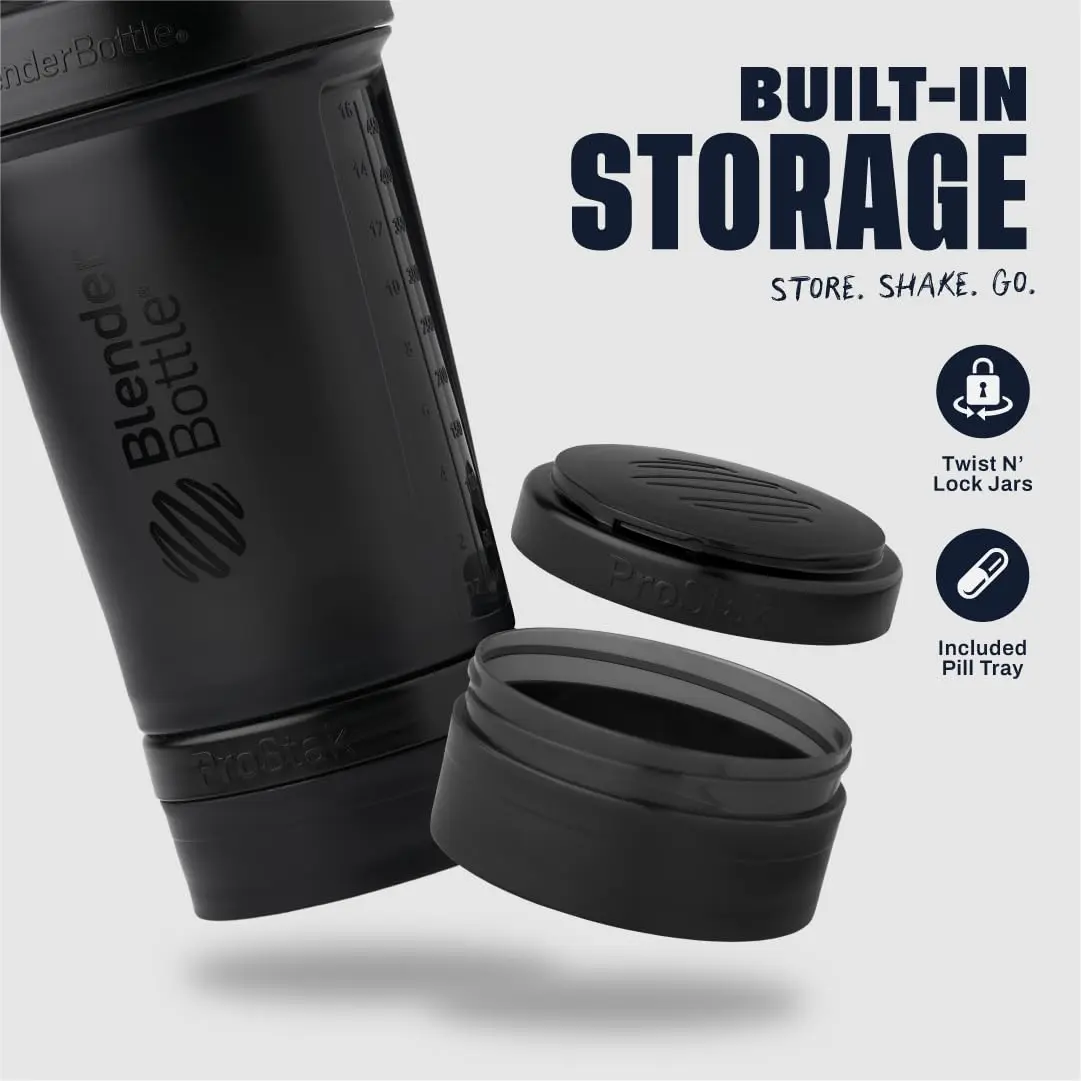 BlenderBottle ProStak Shaker Bottle with Pill Organizer & Storage Jars 650ml (22 oz) Midnight Black | Leak-Proof Protein Shaker for Gym & Athletes - view 2